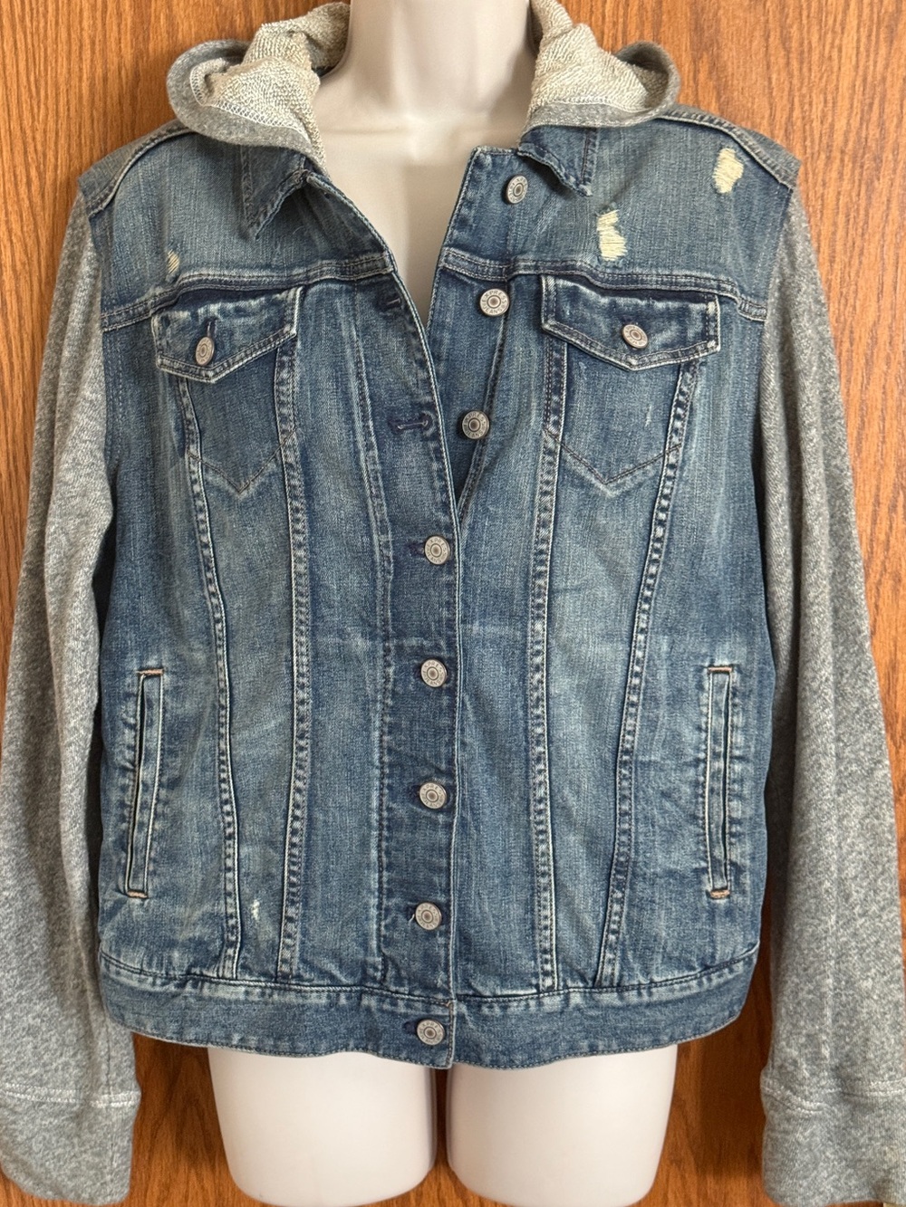 Express Jeans Blue Denim Jacket Distressed Knit Hood and Sleeves Junior's Sz Lg